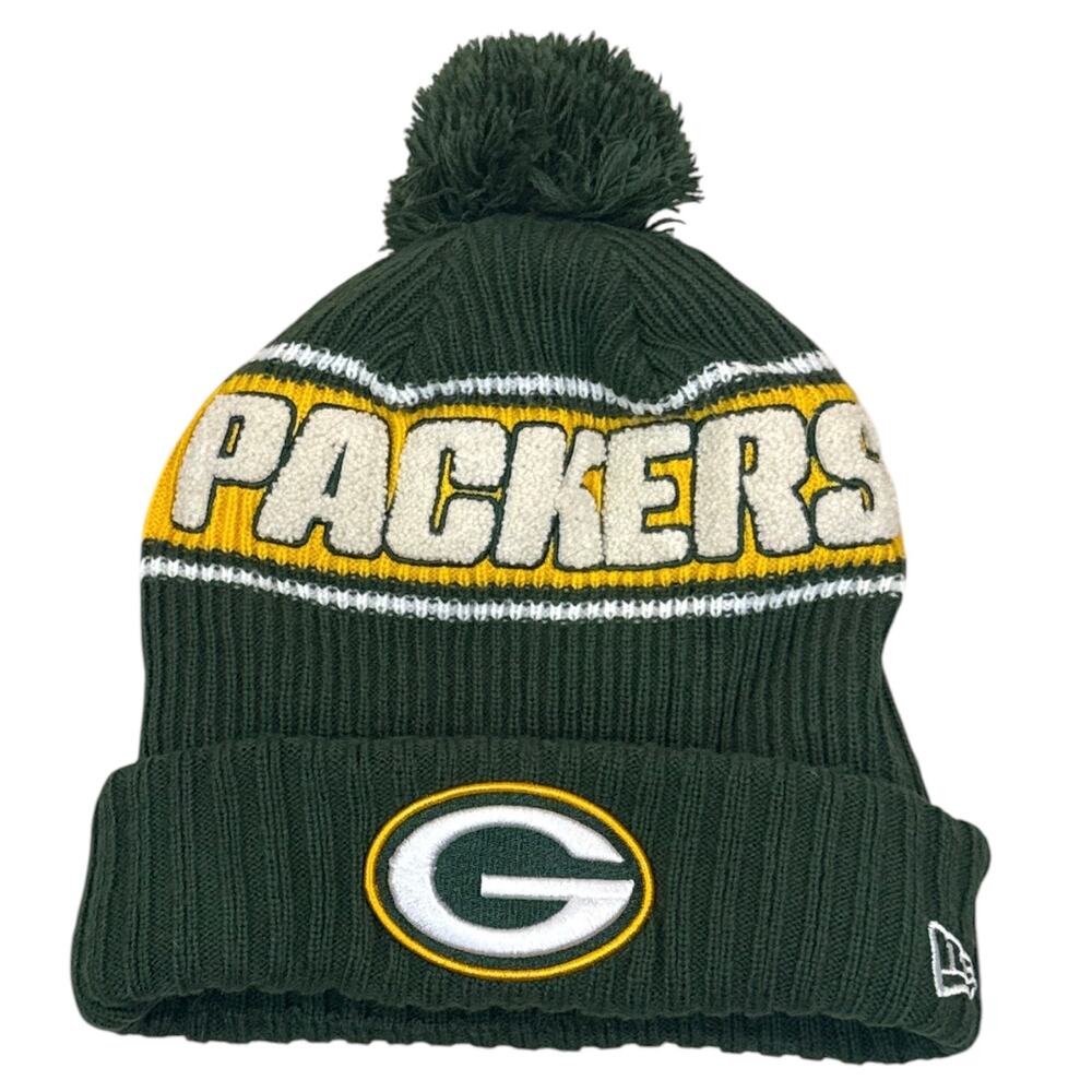 New Era NFL Green Bay Packers Knit Beanie Pom Hat On-Field Fleece Green OSFM